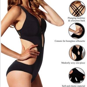 One piece swimsuit with cut-outs plunging neckline